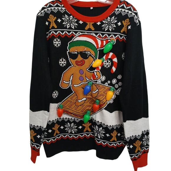 UGLY Gingerbread Christmas Sweater Men's Sz M Black 3D Light Bulbs Office Party - Picture 1 of 16